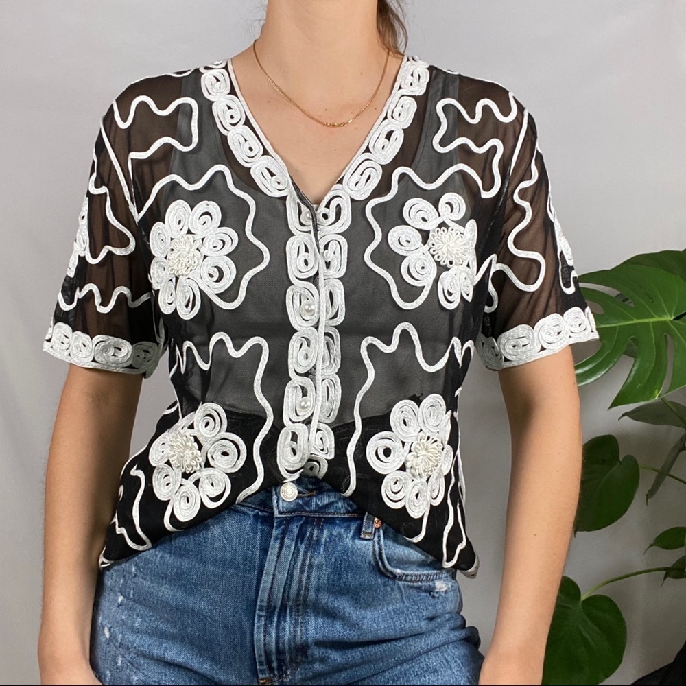 Sheer button down with embroidery detail